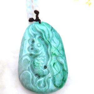 Certified Fish Jadeite Hand carved Pendant Necklace NWT